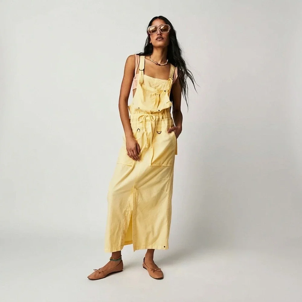 Free People Gracie Skirtall Yellow Maxi Overall Dress Size L OB1671460